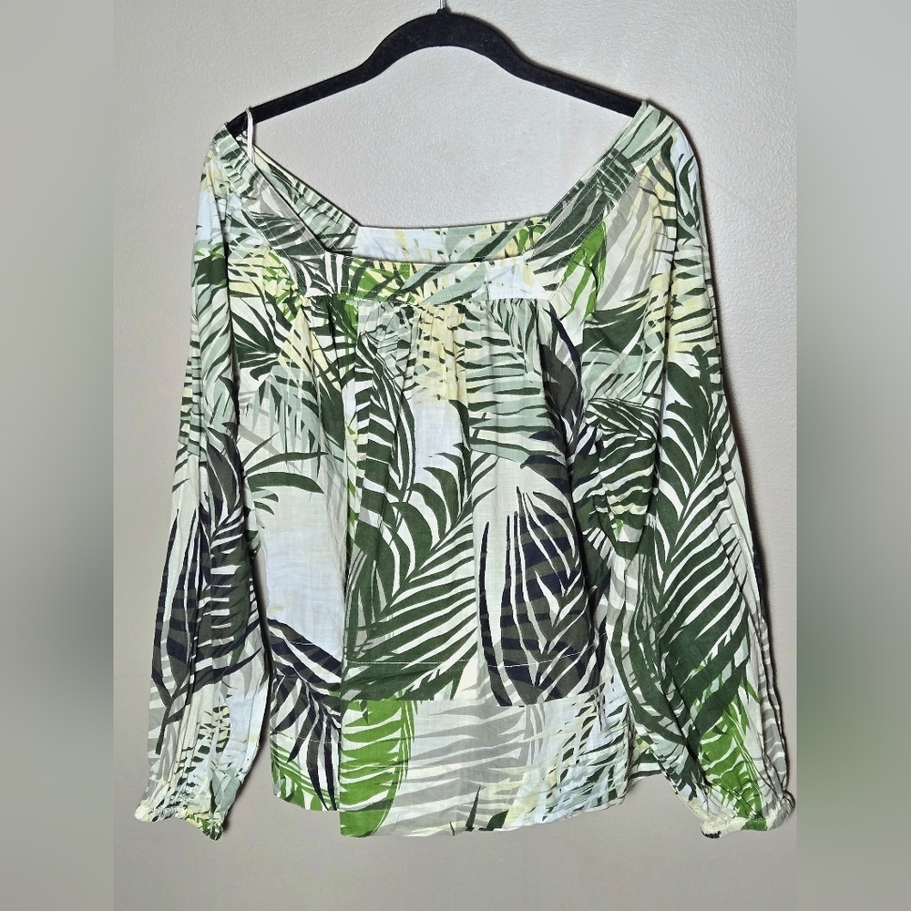 Elie Tahari 100% Cotton Off The Shoulder Tropical Print Island Chic Top, Medium